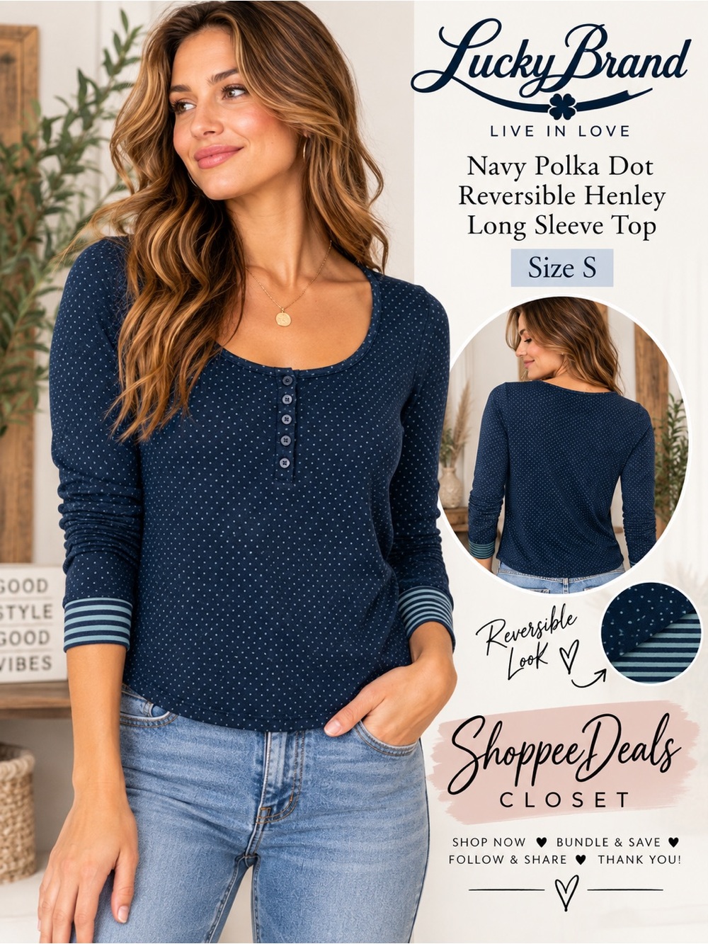 Lucky Brand Navy Polka Dot Reversible Henley Long Sleeve Top Size S